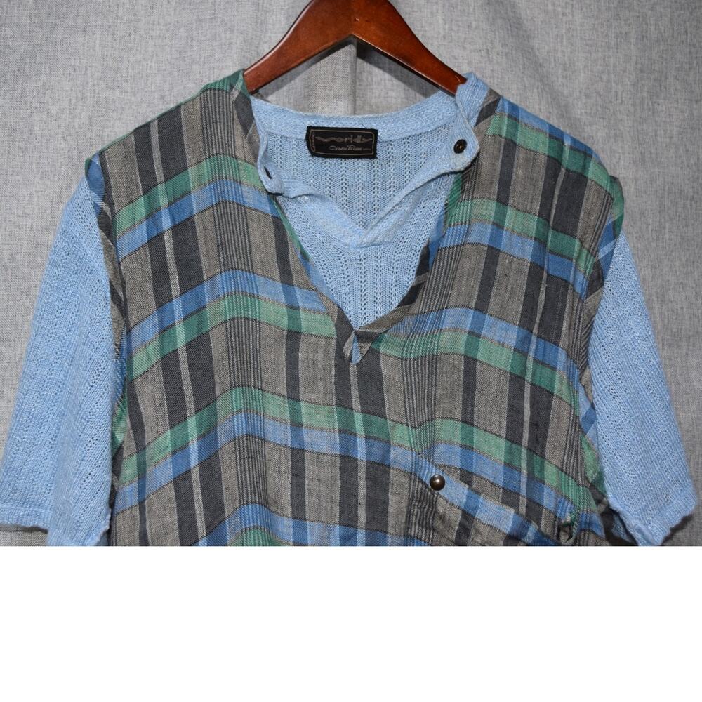 Ogetti Italy Mixed Media Plaid & Knit Short-Sleeve Top Blue Green Gray – Size 46 - Picture 2 of 4